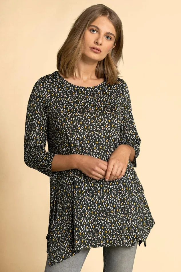 Navy Ditsy Floral Print Hanky Hem Top Women Roman Tops