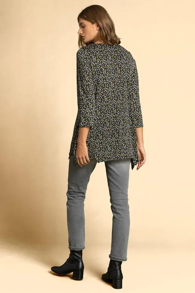 Navy Ditsy Floral Print Hanky Hem Top Women Roman Tops