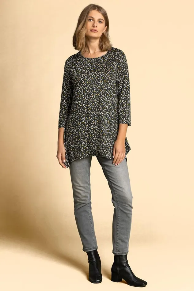 Navy Ditsy Floral Print Hanky Hem Top Women Roman Tops