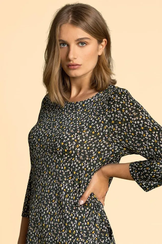 Navy Ditsy Floral Print Hanky Hem Top Women Roman Tops