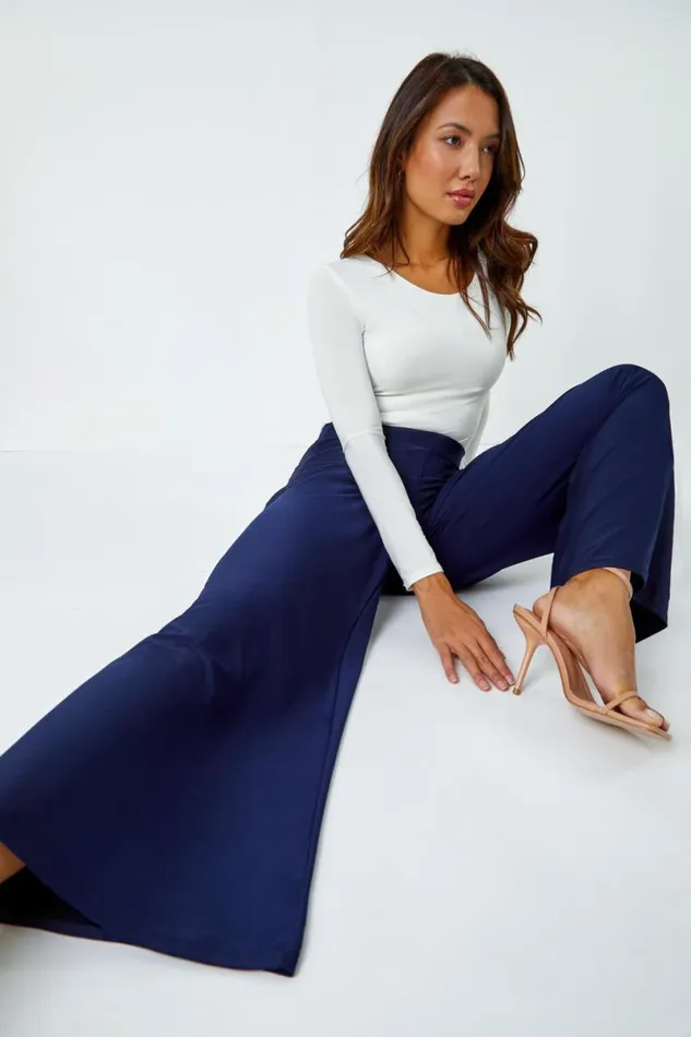 Navy Elastic Waist Wide Leg Stretch Trousers Women Roman Trousers