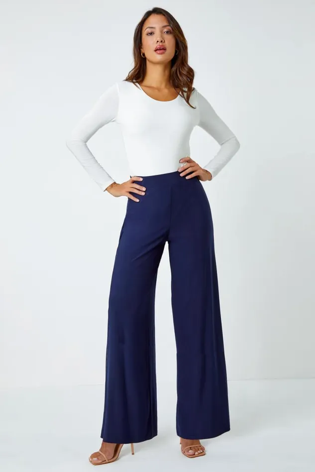 Navy Elastic Waist Wide Leg Stretch Trousers Women Roman Trousers
