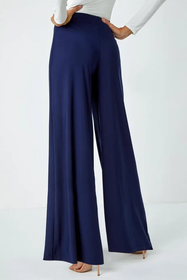 Navy Elastic Waist Wide Leg Stretch Trousers Women Roman Trousers