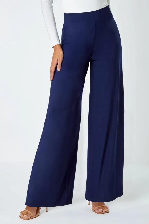 Navy Elastic Waist Wide Leg Stretch Trousers Women Roman Trousers