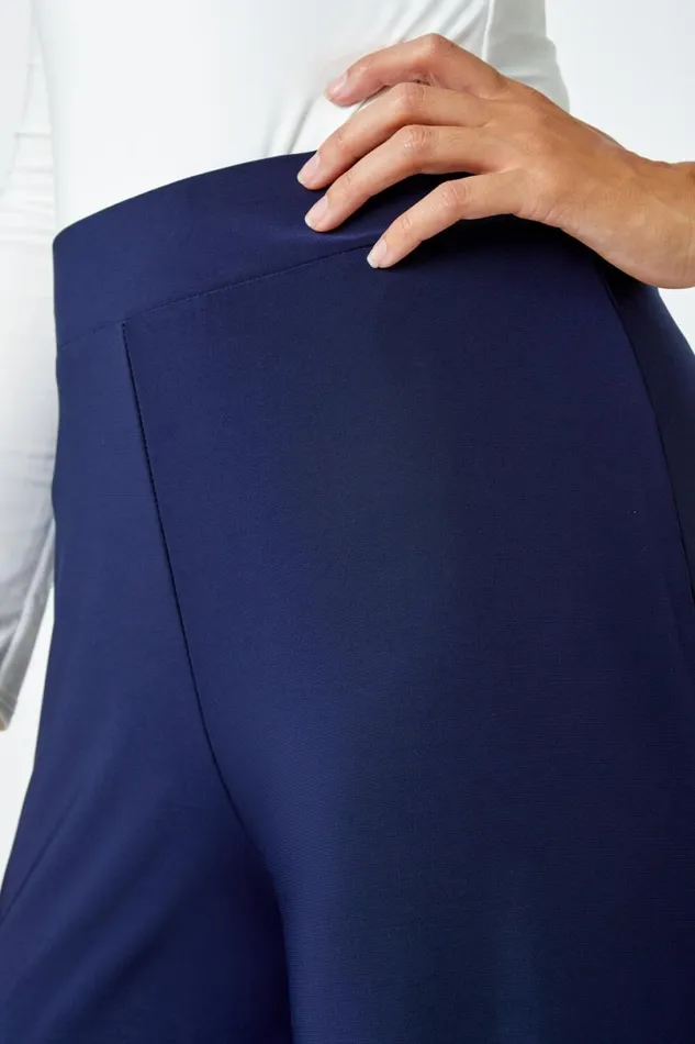 Navy Elastic Waist Wide Leg Stretch Trousers Women Roman Trousers