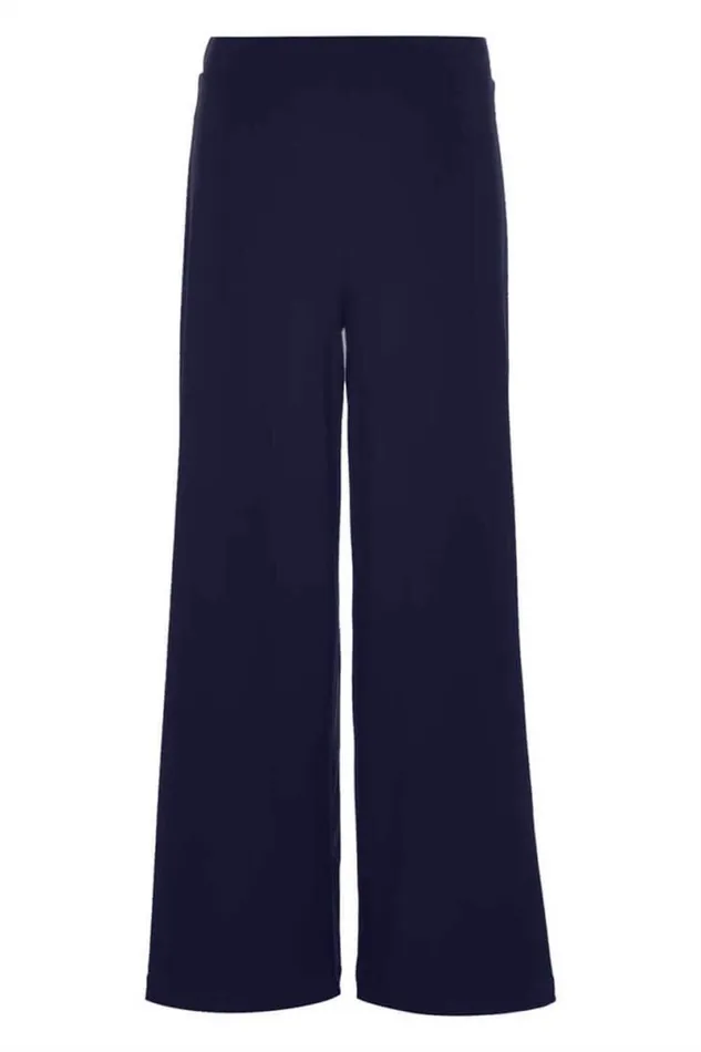 Navy Elastic Waist Wide Leg Stretch Trousers Women Roman Trousers