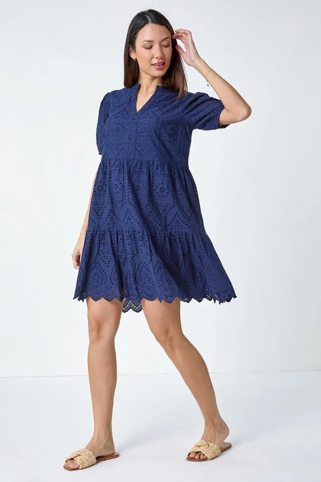 Navy Embroidered Tiered Cotton Smock Dress Women Roman Dresses