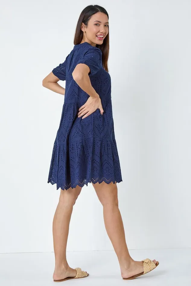 Navy Embroidered Tiered Cotton Smock Dress Women Roman Dresses