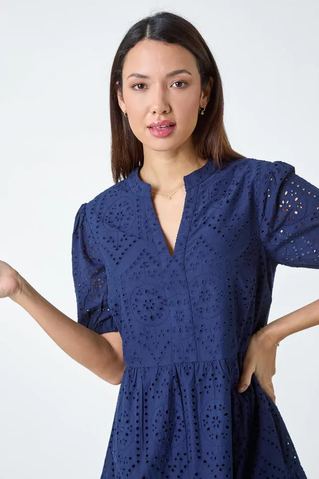 Navy Embroidered Tiered Cotton Smock Dress Women Roman Dresses