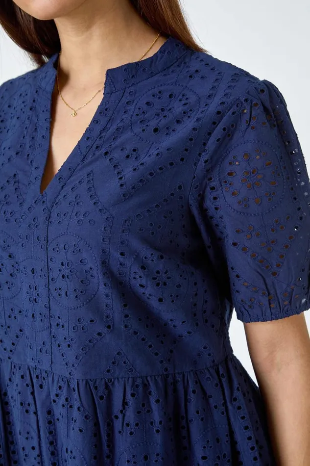 Navy Embroidered Tiered Cotton Smock Dress Women Roman Dresses