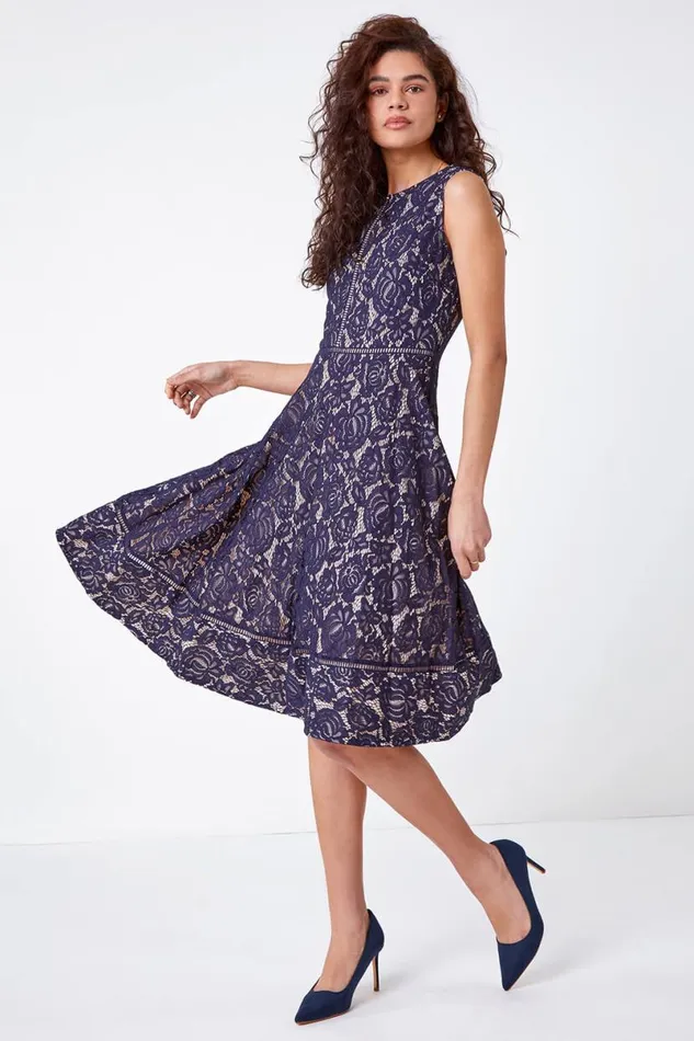Navy Fit And Flare Lace Midi Dress Women Roman Dresses
