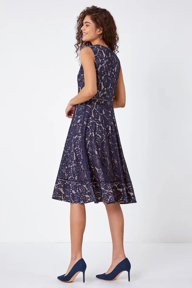 Navy Fit And Flare Lace Midi Dress Women Roman Dresses