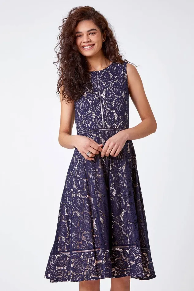 Navy Fit And Flare Lace Midi Dress Women Roman Dresses