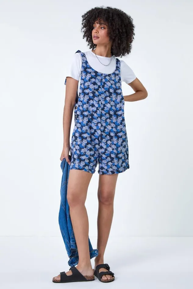 Navy Floral Cotton Linen Blend Playsuit Women Roman Dresses