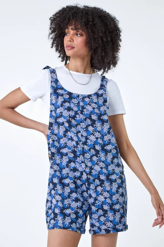 Navy Floral Cotton Linen Blend Playsuit Women Roman Dresses