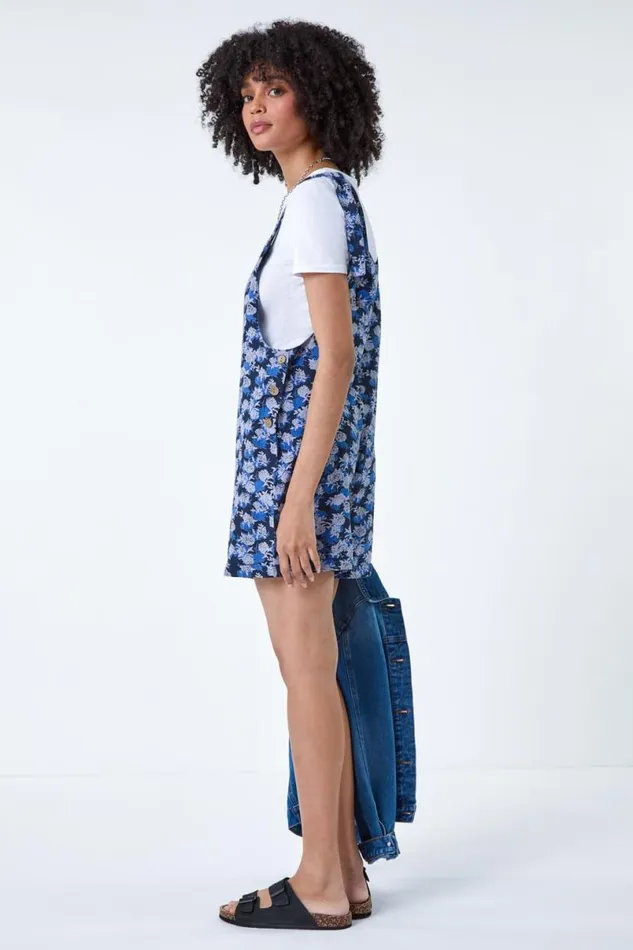 Navy Floral Cotton Linen Blend Playsuit Women Roman Dresses