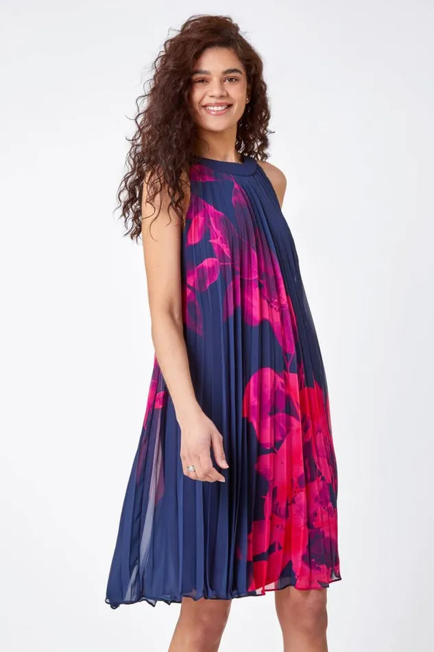 Navy Floral Pleated Swing Dress Women Roman Dresses