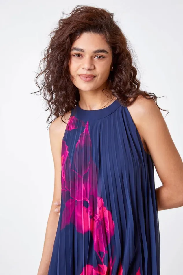 Navy Floral Pleated Swing Dress Women Roman Dresses