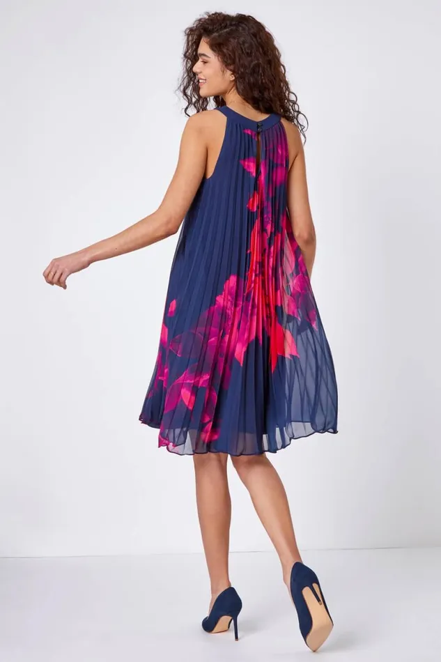 Navy Floral Pleated Swing Dress Women Roman Dresses