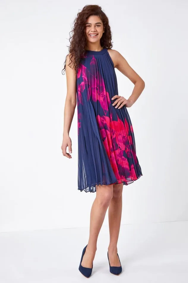 Navy Floral Pleated Swing Dress Women Roman Dresses