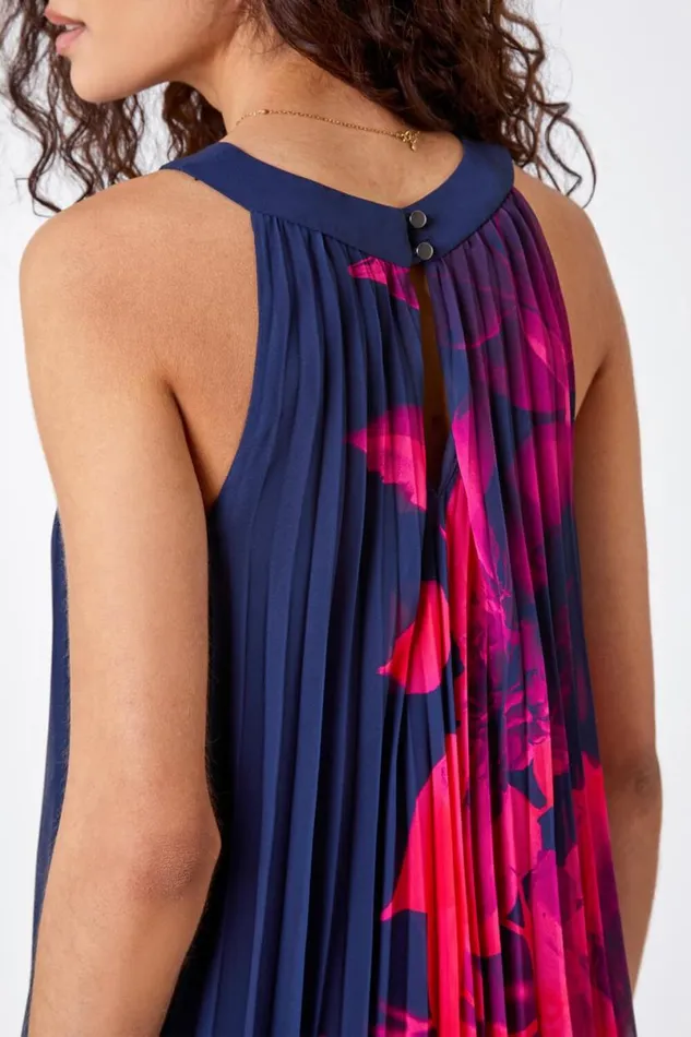 Navy Floral Pleated Swing Dress Women Roman Dresses