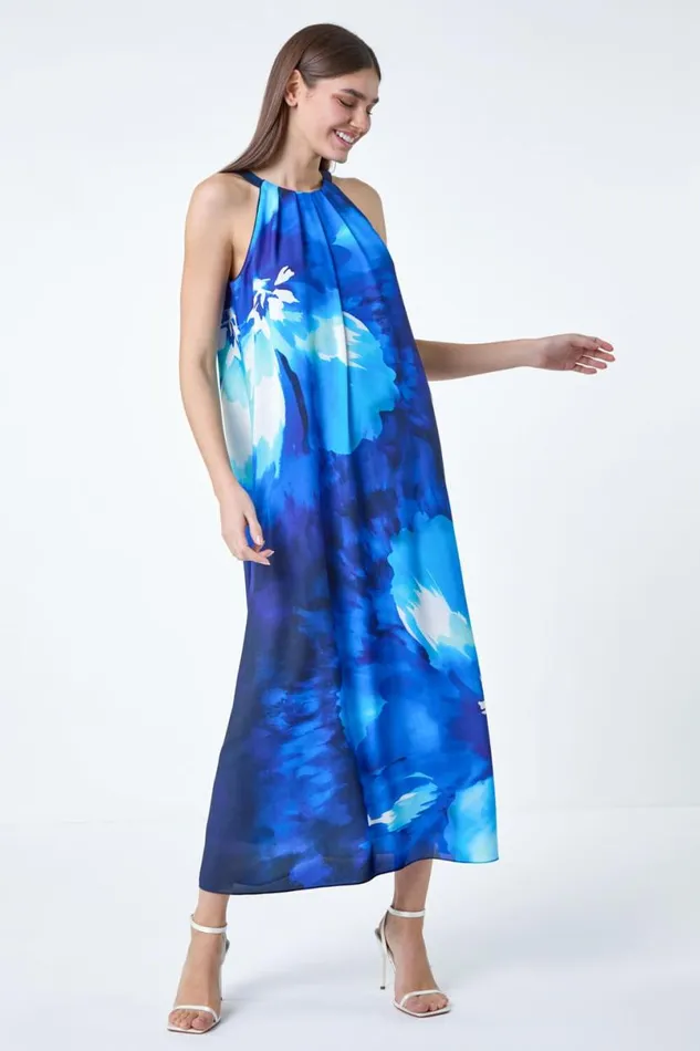 Navy Floral Print Halterneck Midi Dress Women Roman Dresses
