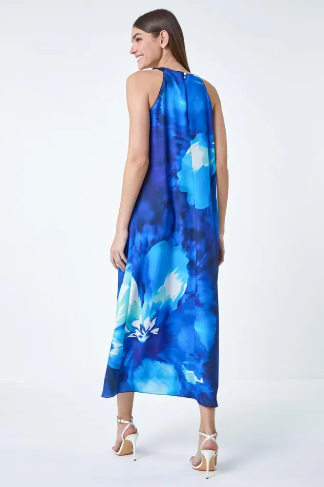 Navy Floral Print Halterneck Midi Dress Women Roman Dresses