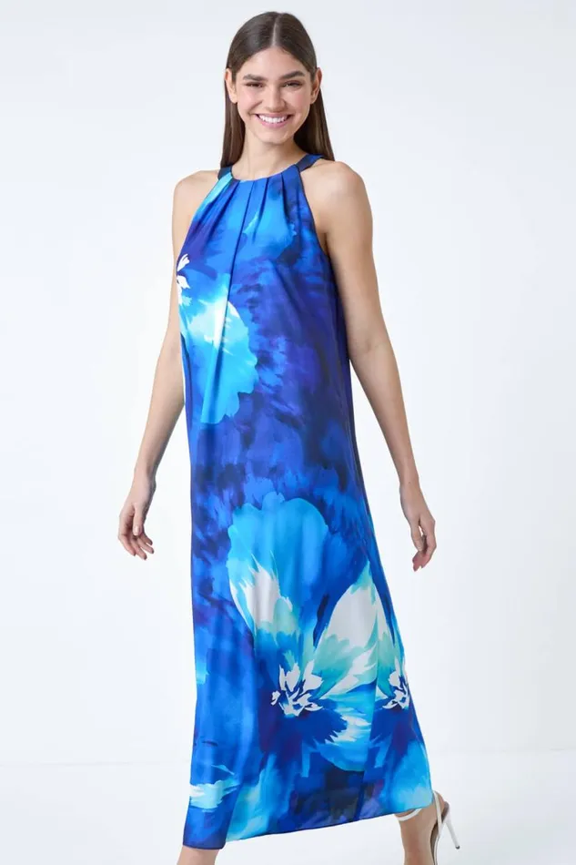 Navy Floral Print Halterneck Midi Dress Women Roman Dresses