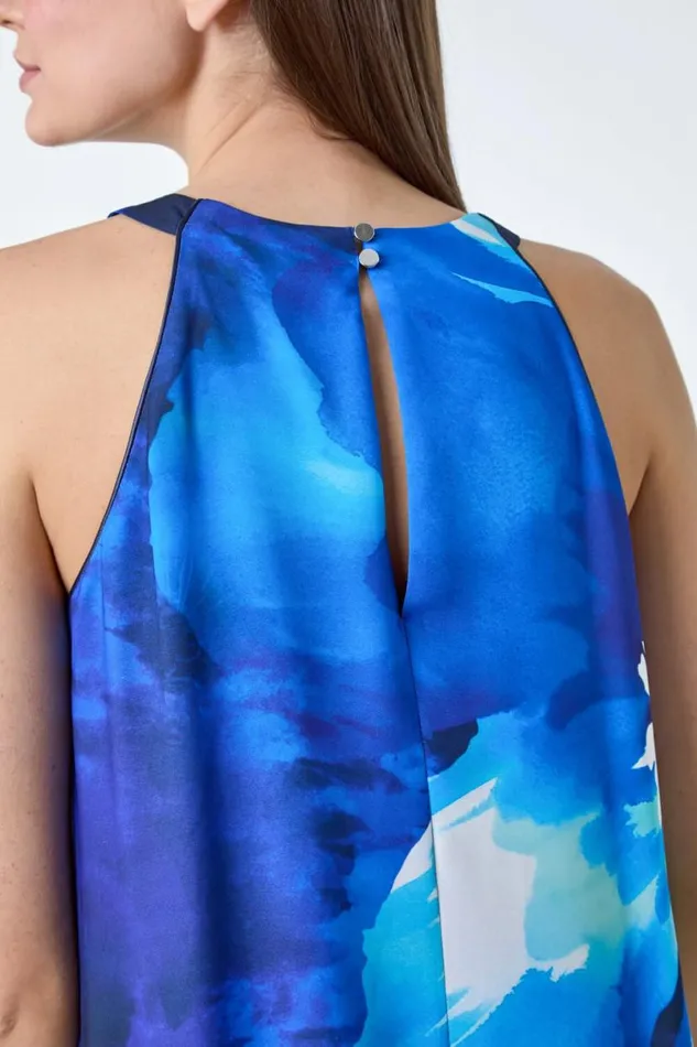 Navy Floral Print Halterneck Midi Dress Women Roman Dresses