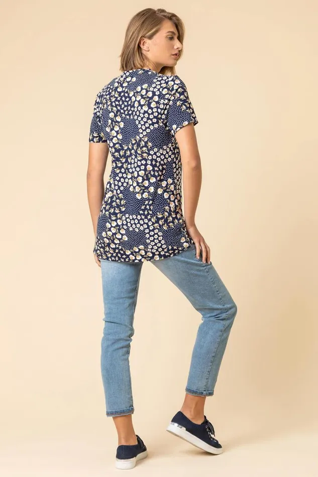 Navy Floral Tile Print Notch Neck Top Women Roman Tops