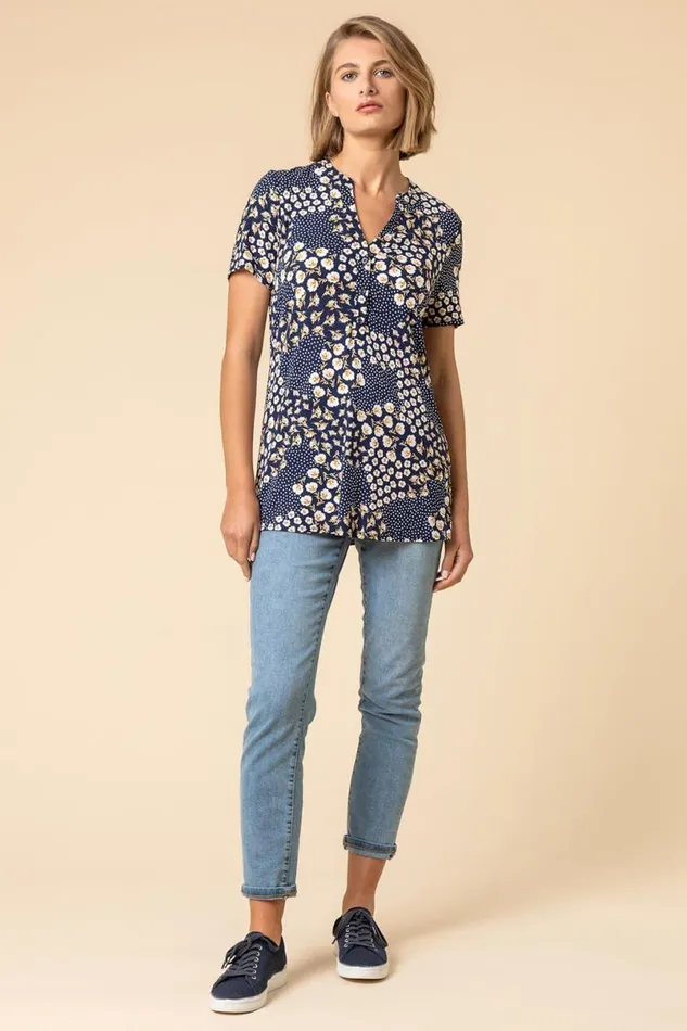 Navy Floral Tile Print Notch Neck Top Women Roman Tops
