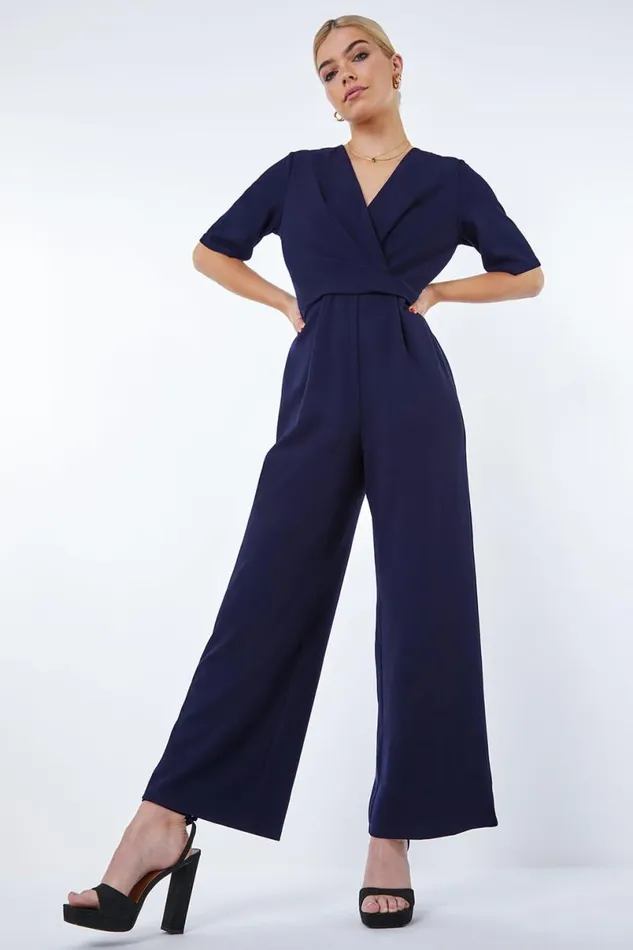 Navy Gathered Wrap Stretch Jumpsuit Women Roman Jumpsuits and Playsuits