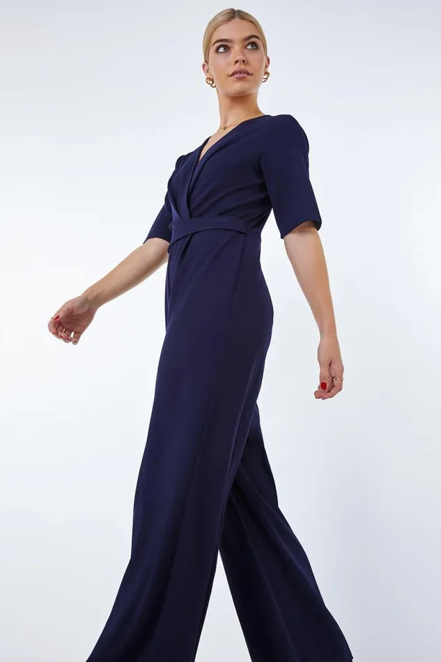 Navy Gathered Wrap Stretch Jumpsuit Women Roman Jumpsuits and Playsuits