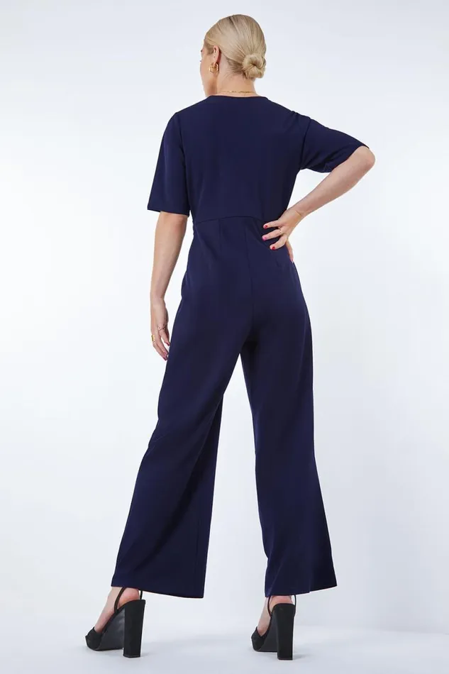 Navy Gathered Wrap Stretch Jumpsuit Women Roman Jumpsuits and Playsuits