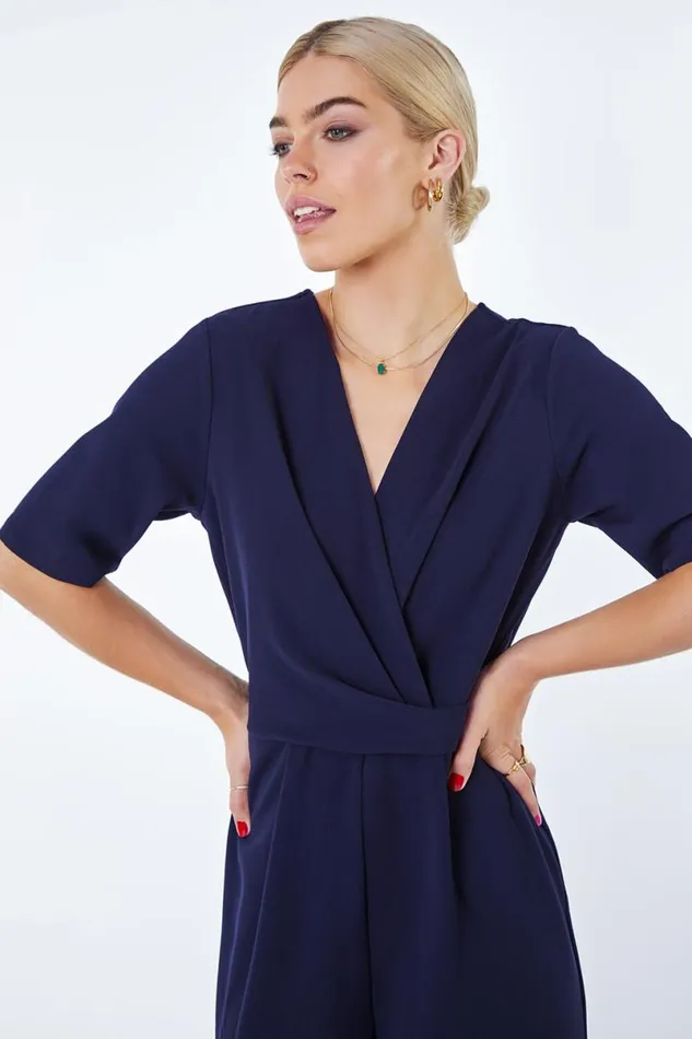 Navy Gathered Wrap Stretch Jumpsuit Women Roman Jumpsuits and Playsuits