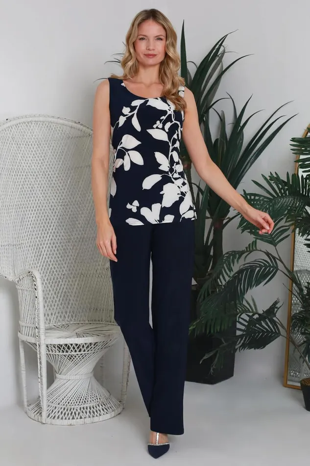 Navy Julianna Floral Print Jersey Vest Women Roman Tops
