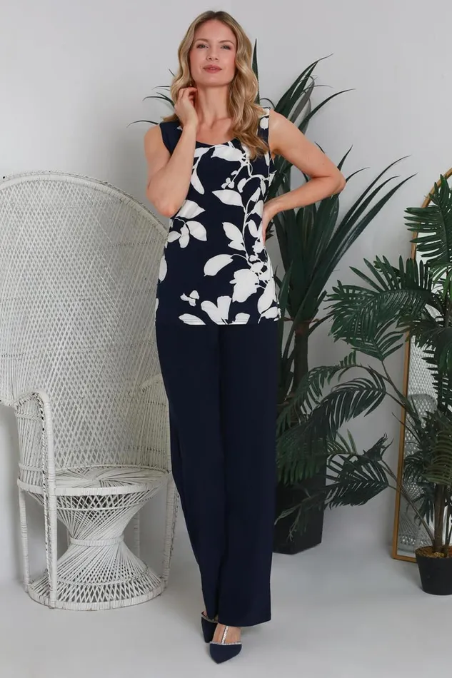 Navy Julianna Floral Print Jersey Vest Women Roman Tops