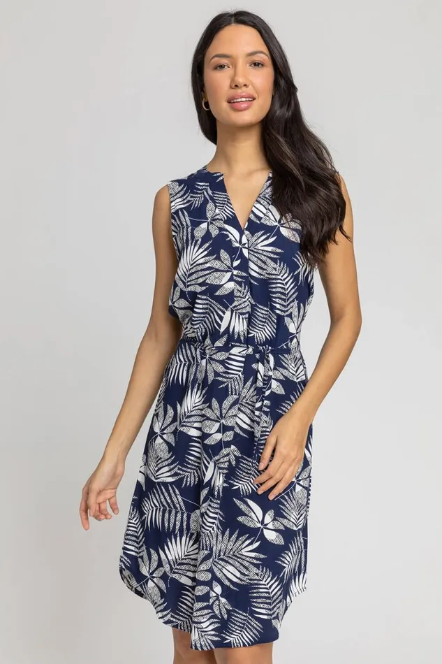 Navy Leaf Print Belted Shift Dress Women Roman Dresses