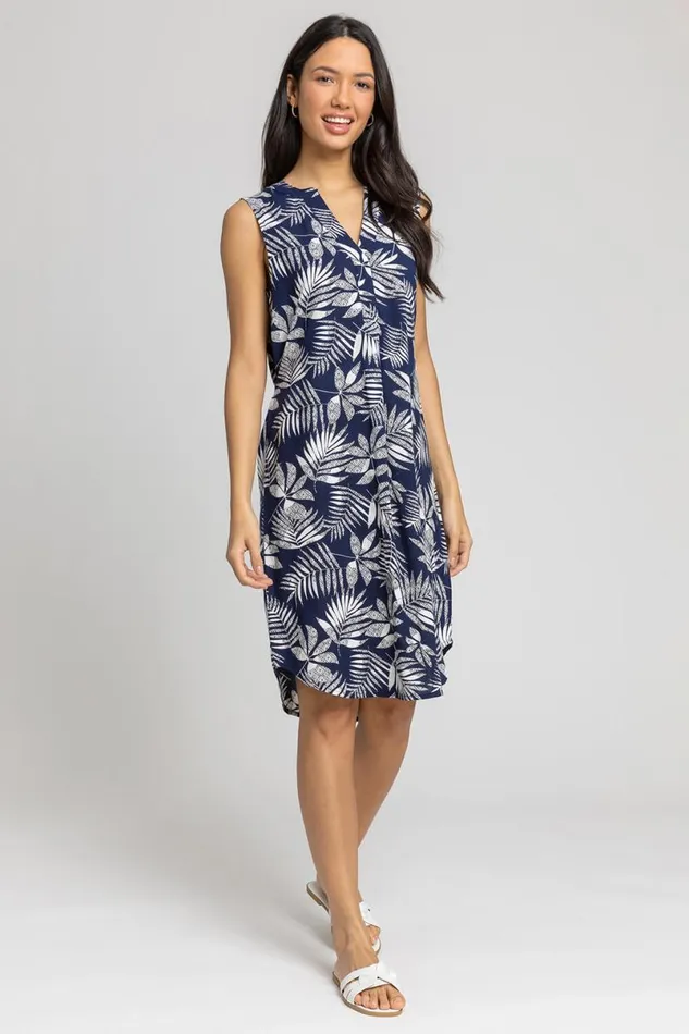 Navy Leaf Print Belted Shift Dress Women Roman Dresses