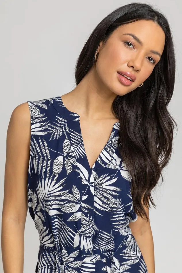 Navy Leaf Print Belted Shift Dress Women Roman Dresses