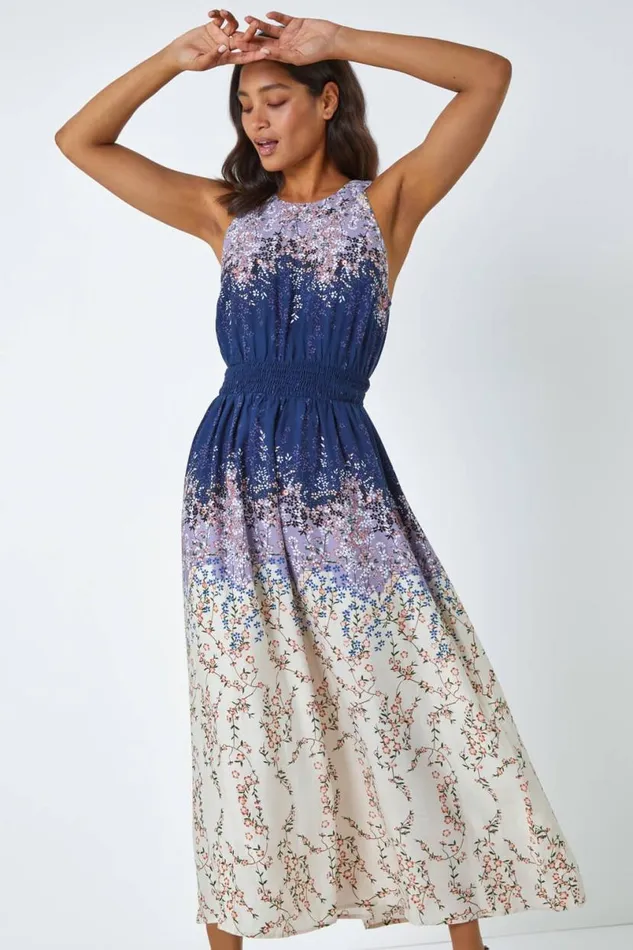 Navy Ombre Floral Halter Neck Maxi Dress Women Roman Dresses