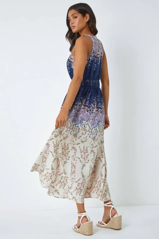 Navy Ombre Floral Halter Neck Maxi Dress Women Roman Dresses
