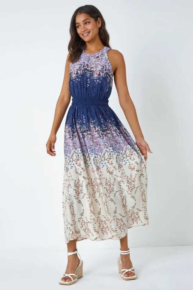 Navy Ombre Floral Halter Neck Maxi Dress Women Roman Dresses
