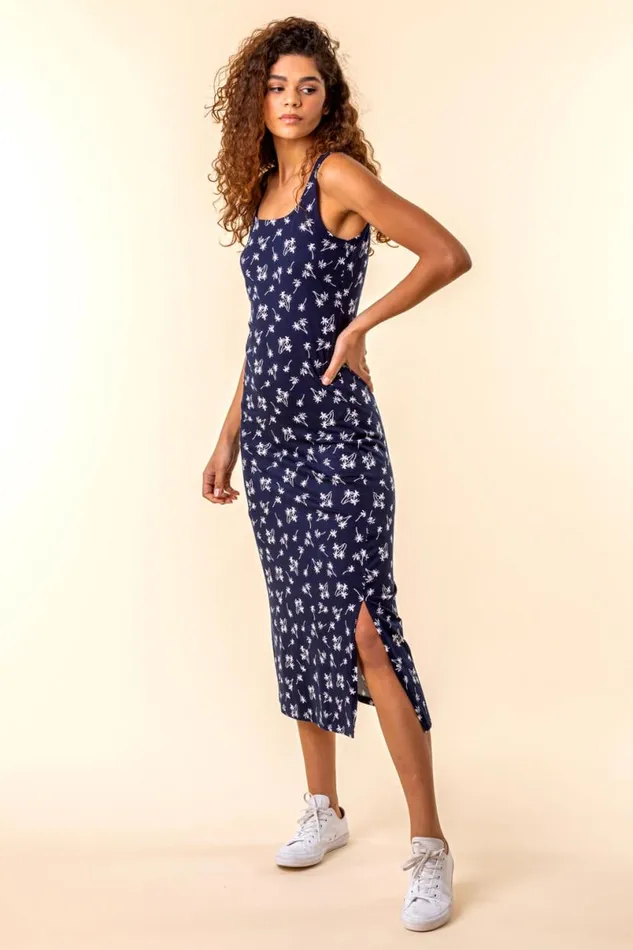 Navy Palm Print Jersey Midi Dress Women Roman Dresses