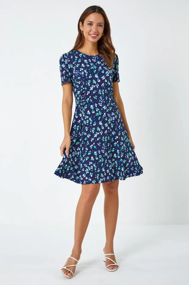Navy Panelled Ditsy Floral Print Dress Women Roman Dresses