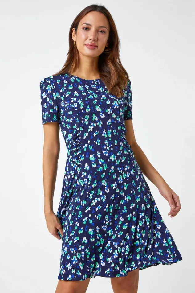 Navy Panelled Ditsy Floral Print Dress Women Roman Dresses