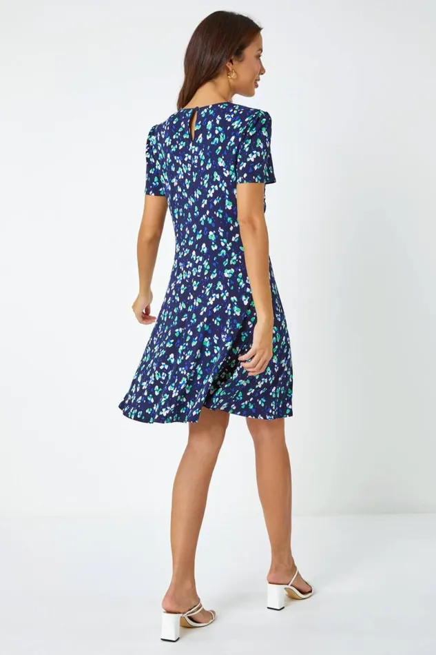 Navy Panelled Ditsy Floral Print Dress Women Roman Dresses