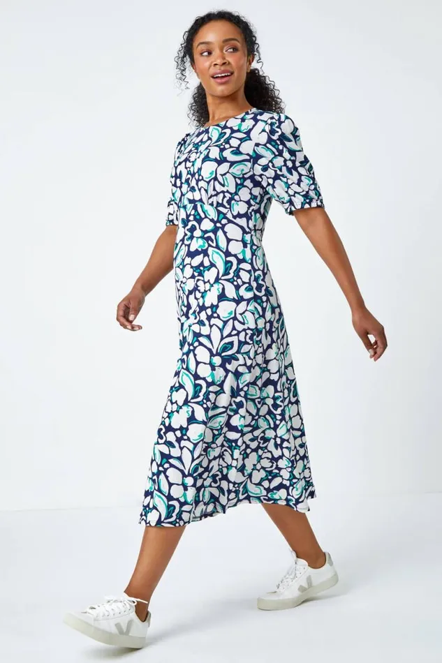 Navy Petite Floral Stretch Midi Dress Women Roman Dresses