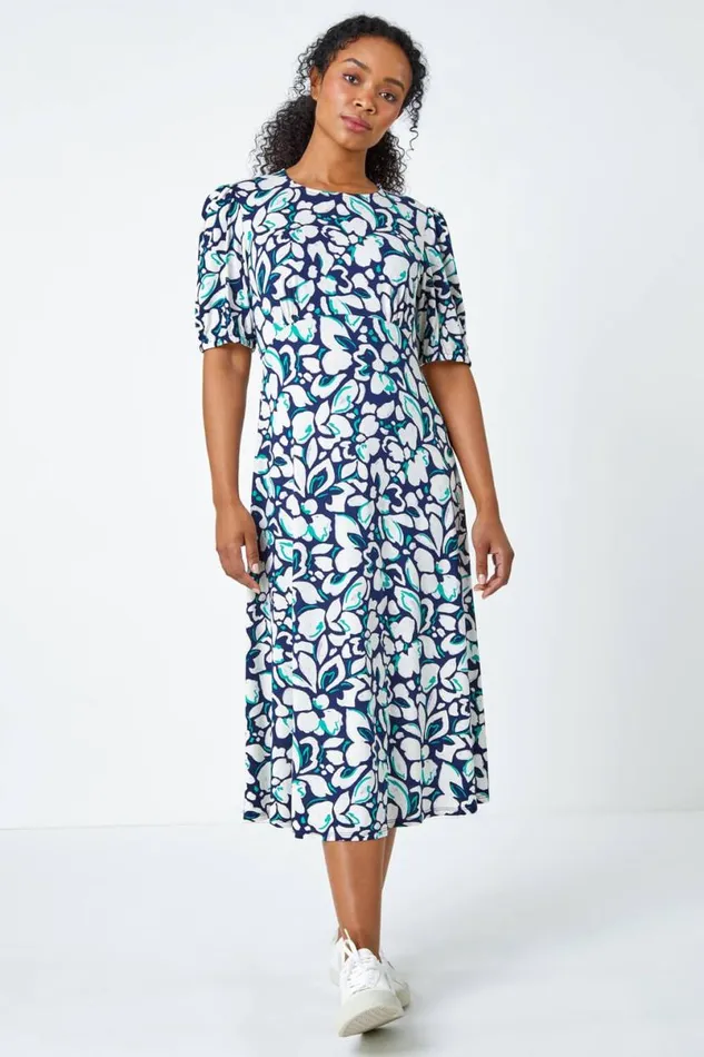 Navy Petite Floral Stretch Midi Dress Women Roman Dresses