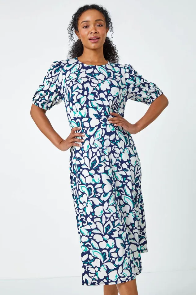 Navy Petite Floral Stretch Midi Dress Women Roman Dresses